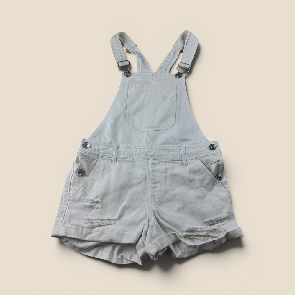 Forever 21 Shortalls Women 26 White Denim Distressed Overalls Beachwear Festival
